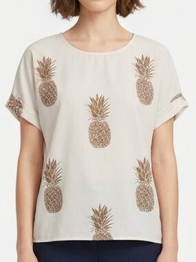 Relaxed Short-Sleeve Pineapple Print Blouse - Cream/Brown